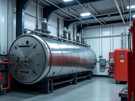 A large commercial boiler system in a utility room.