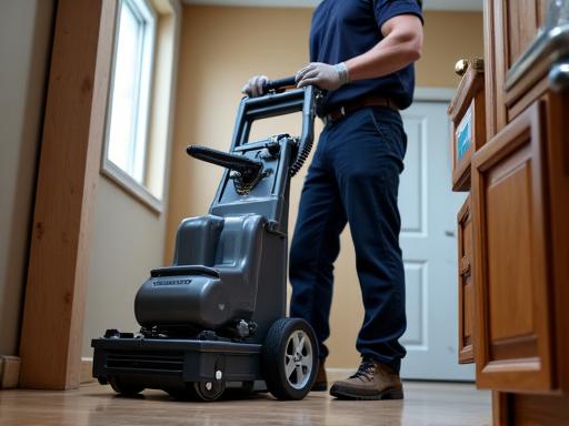 Professional drain cleaning machine in a residential basement.