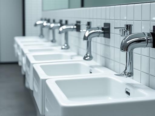 Rows of new sinks in a commercial restroom.