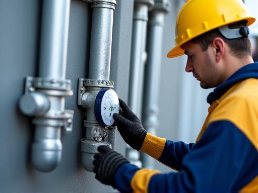 A technician servicing a commercial gas line meter.