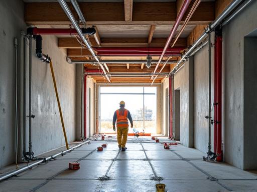Plumbing infrastructure being laid out at a new commercial construction site.